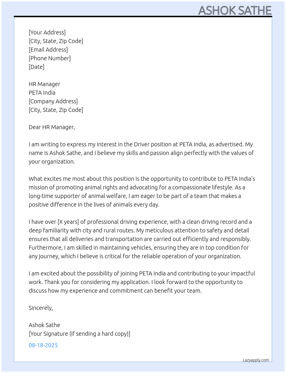 Driver At PETA India Cover Letter