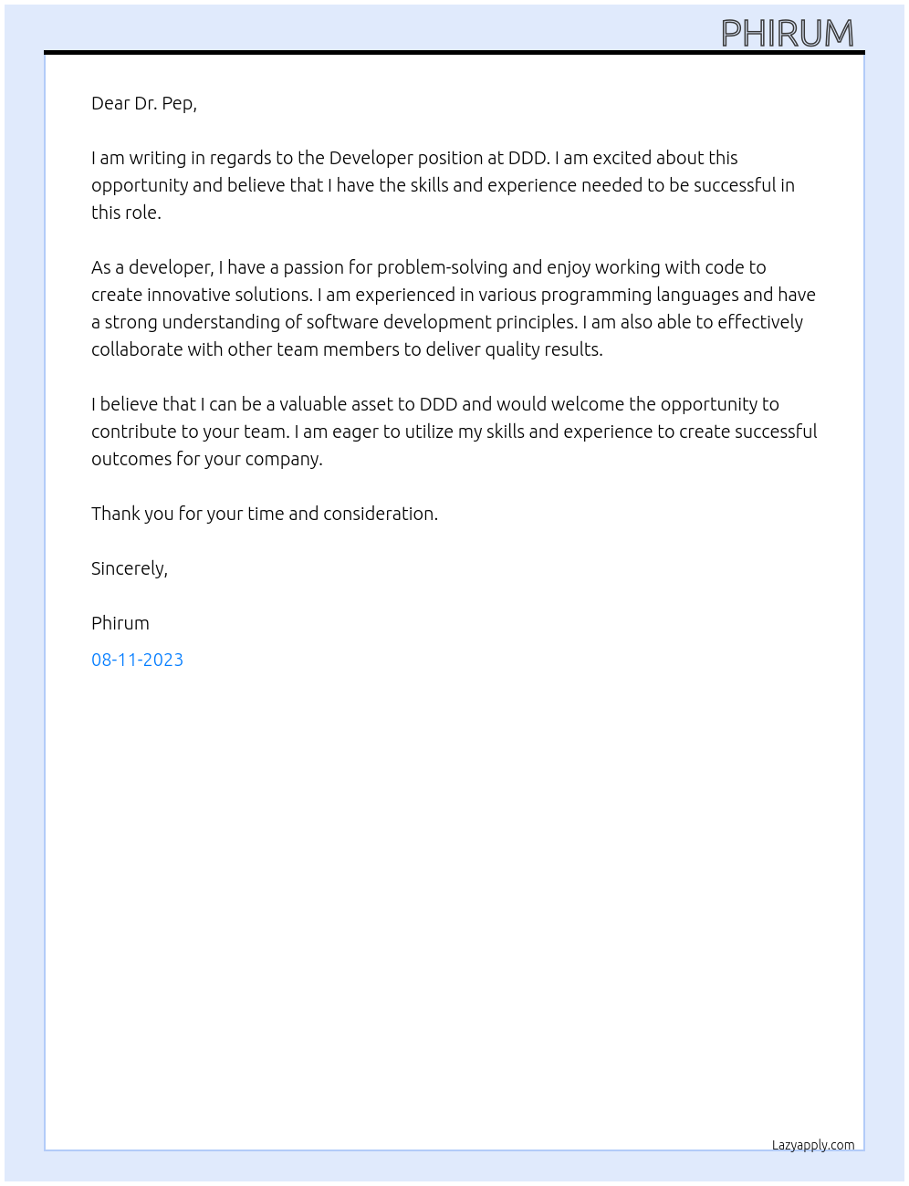 Developer At DDD Cover Letter