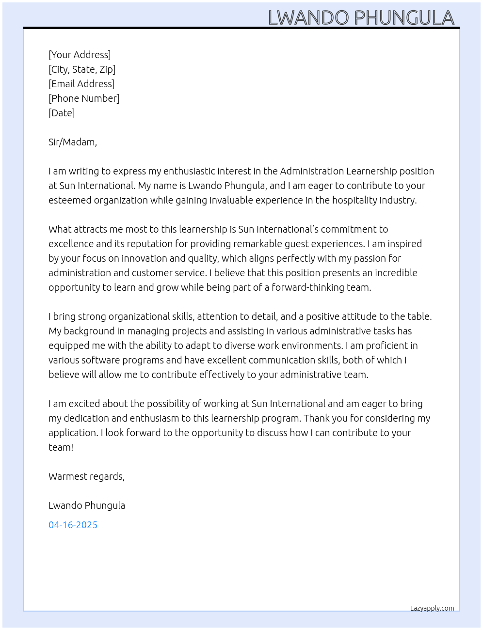 Administration learnership  At Sun International  Cover Letter