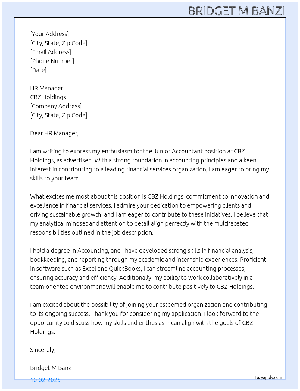 Junior Accountant At CBZ Holdings Cover Letter