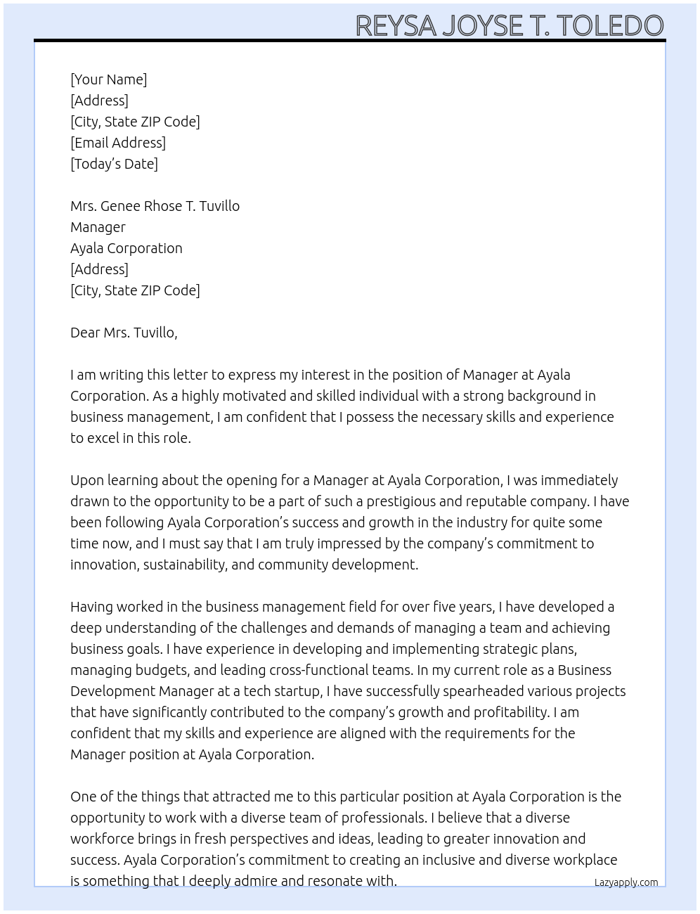 manager  At ayala corporation Cover Letter