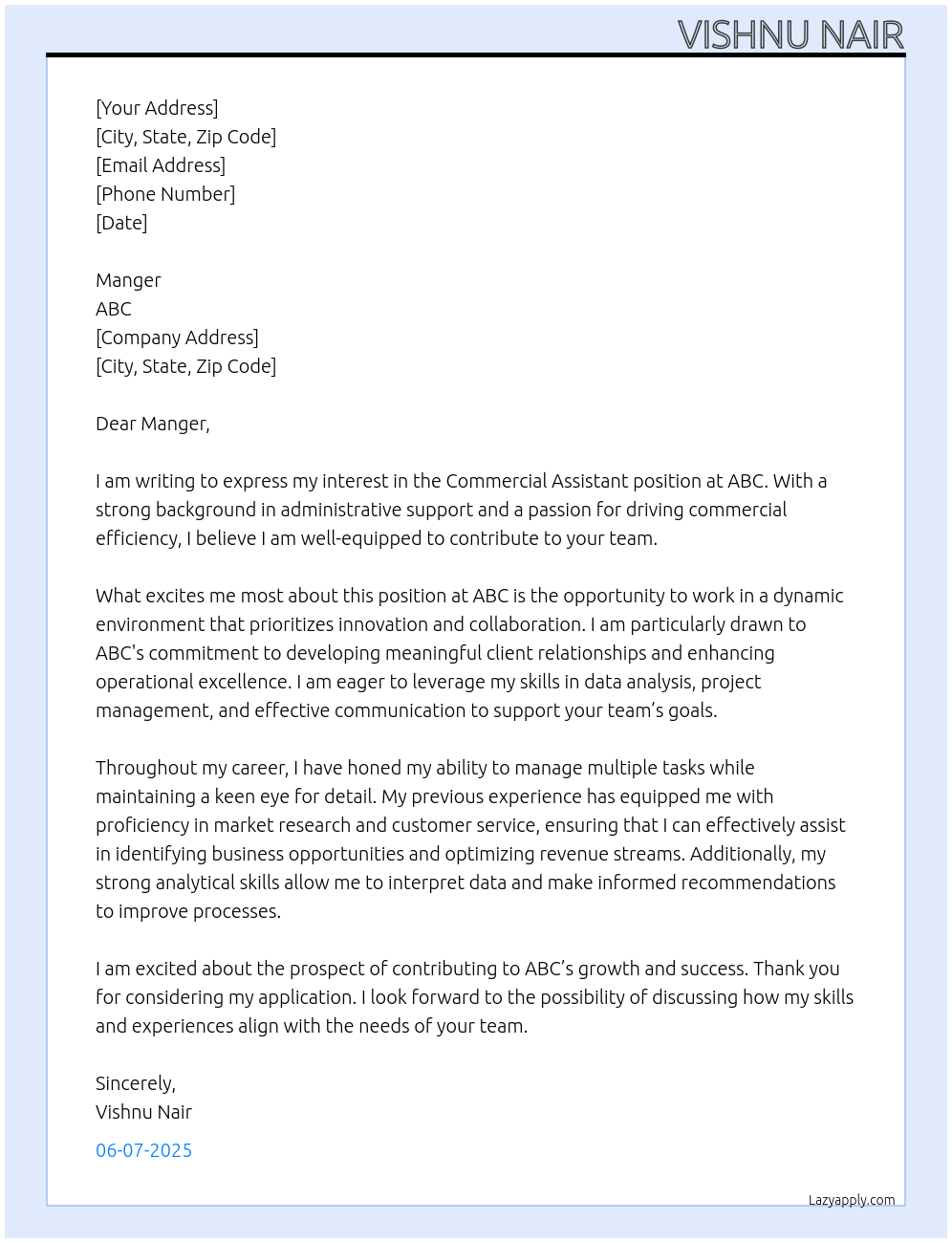 Commercial Assistant At ABC Cover Letter