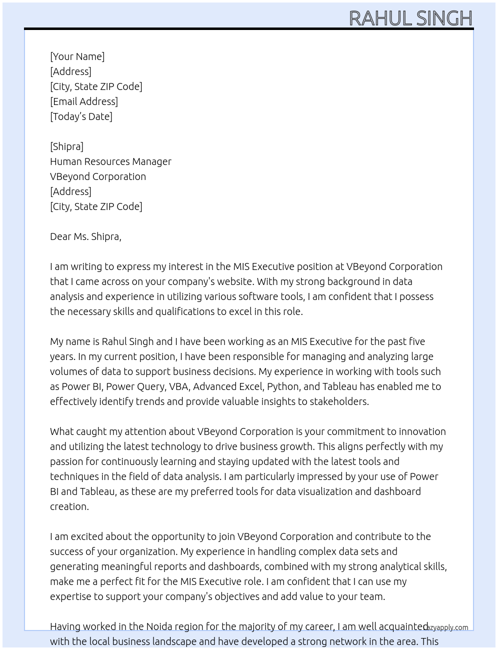 MIS EXECUTIVE At VBeyond Corporation Cover Letter