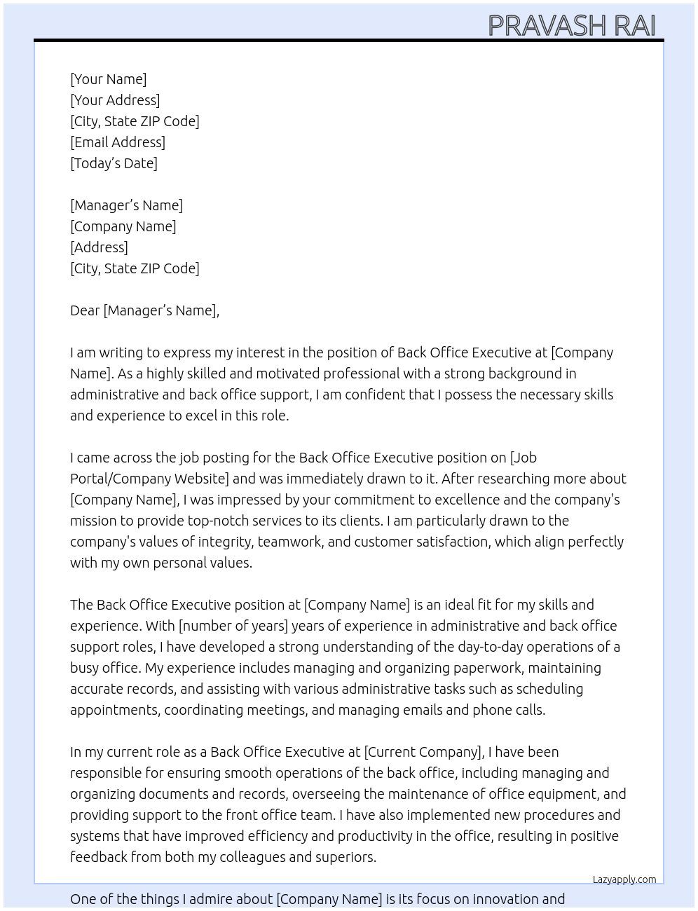 Back office executive At Company Cover Letter