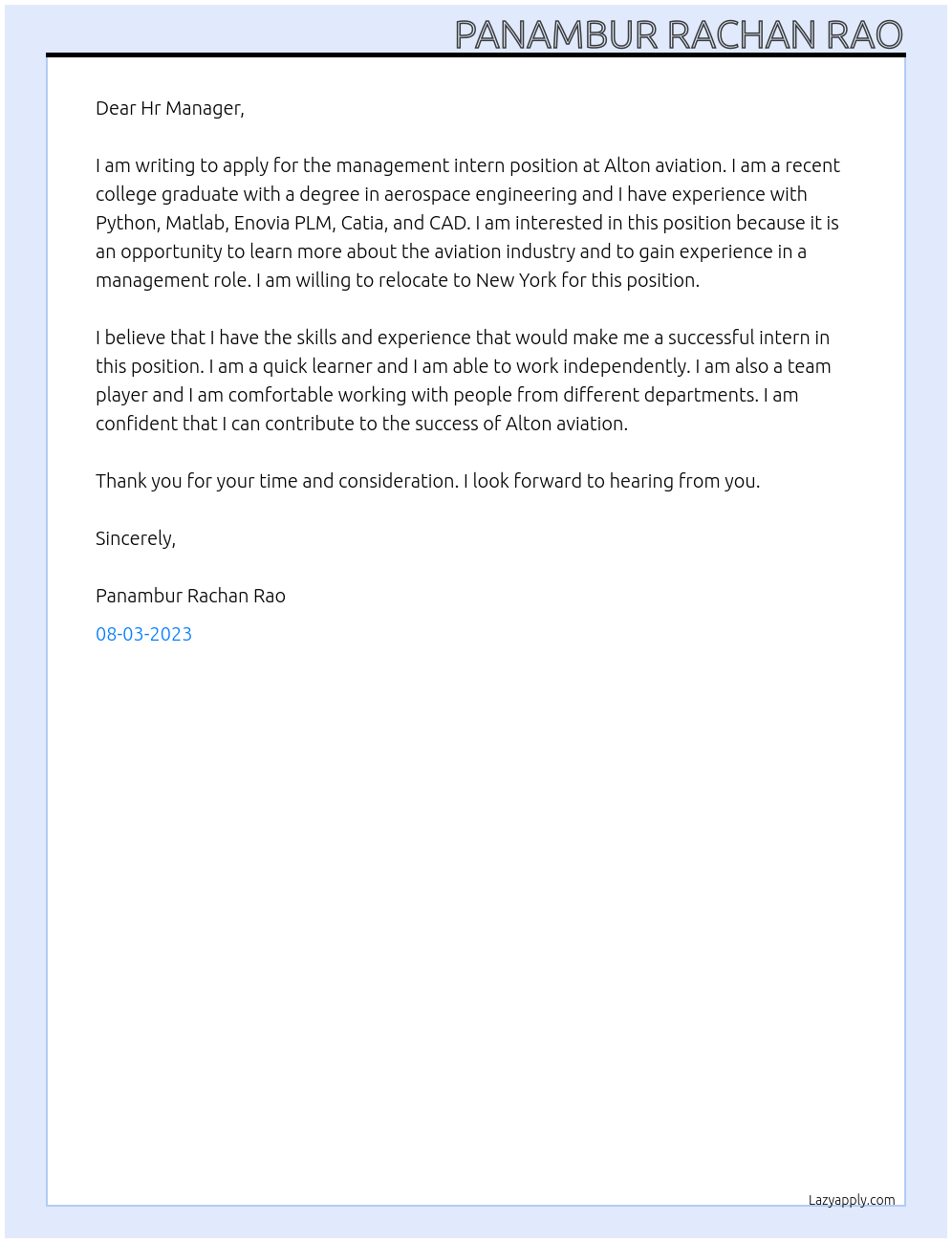 Management intern At Alton aviation Cover Letter