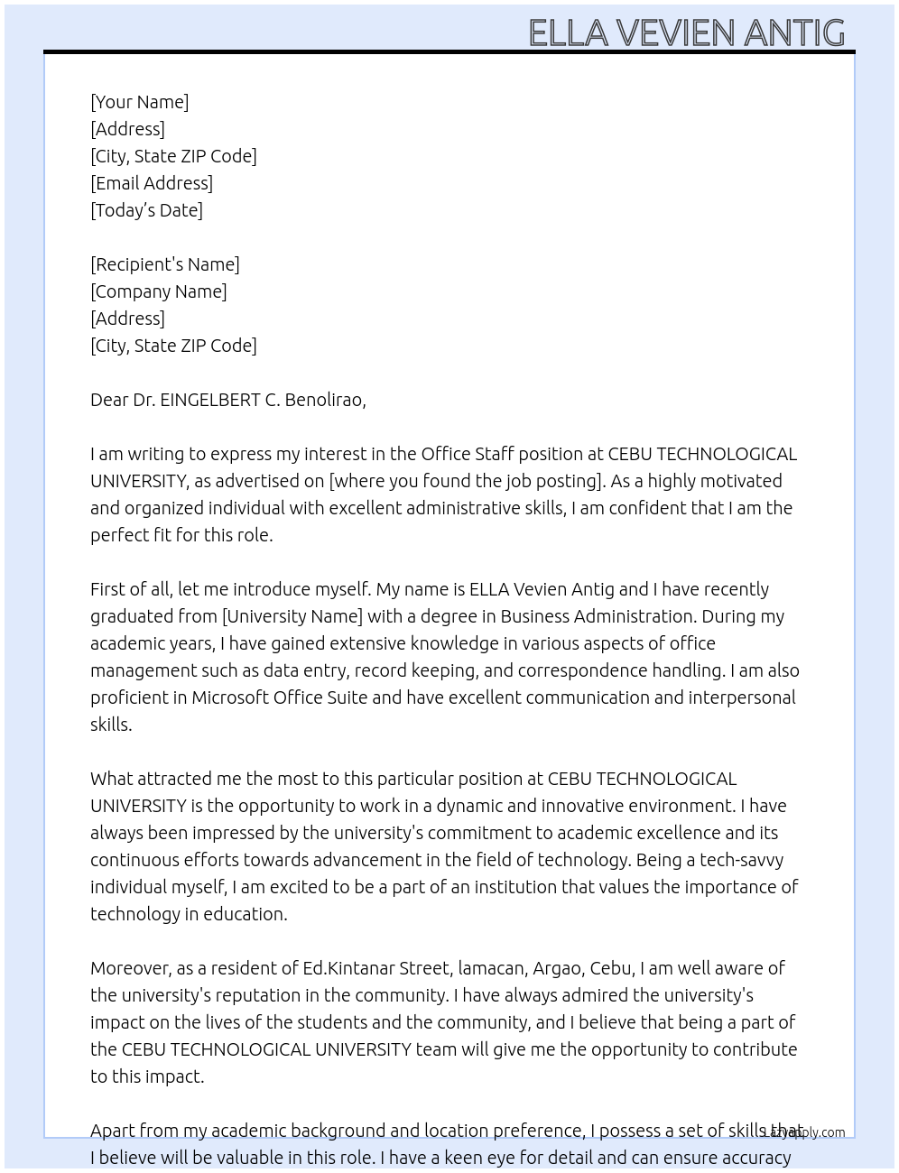Office staff At CEBU TECHNOLOGICAL UNIVERSITY Cover Letter
