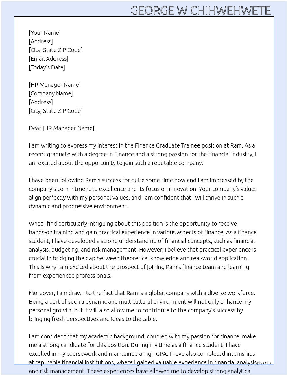 Finance Graduate Trainee At Ram Cover Letter