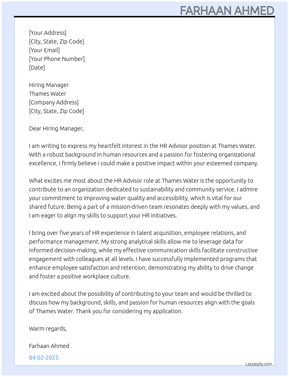 HR Advisor At Thames Water Cover Letter