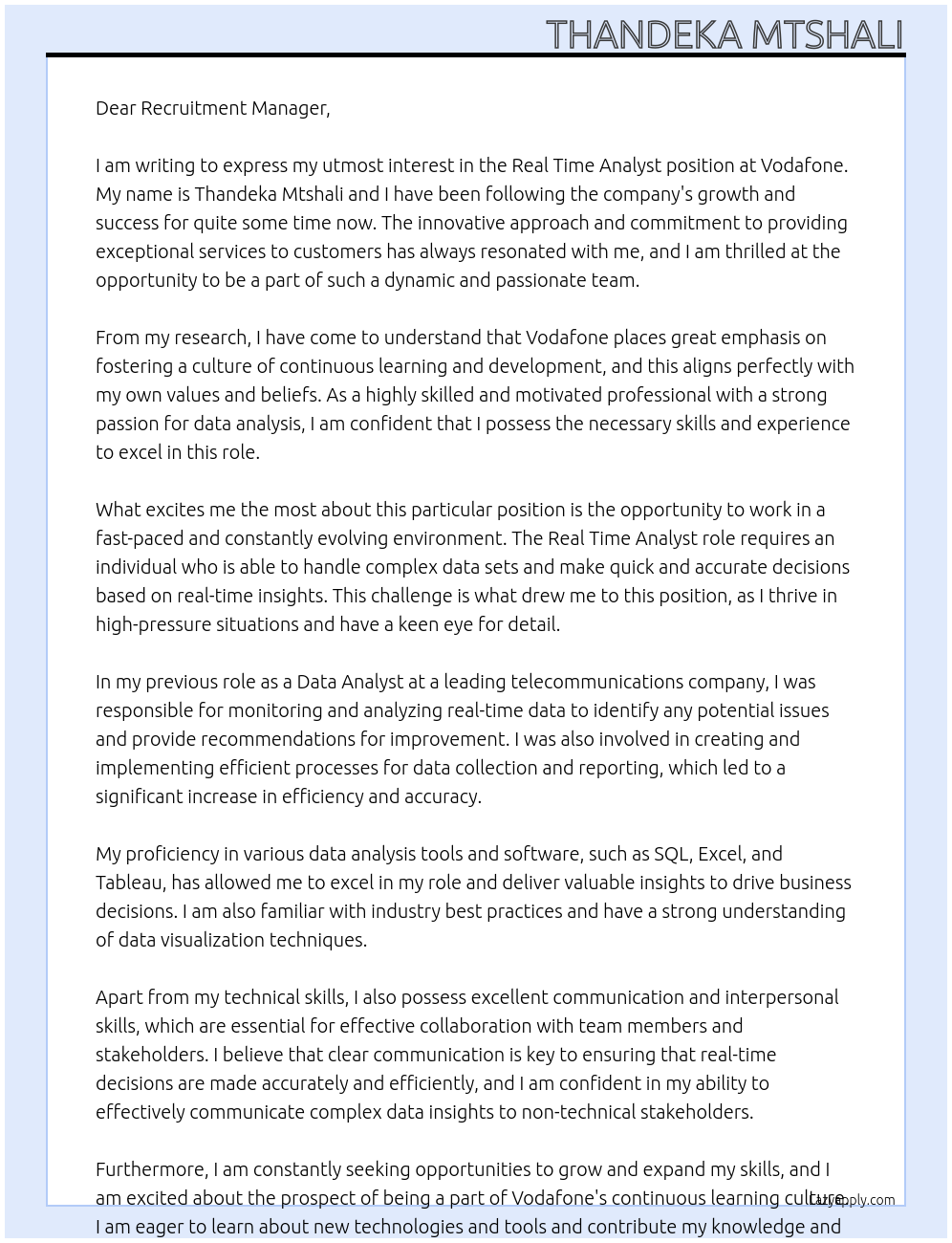 Real Time Analyst At Vodafone Cover Letter