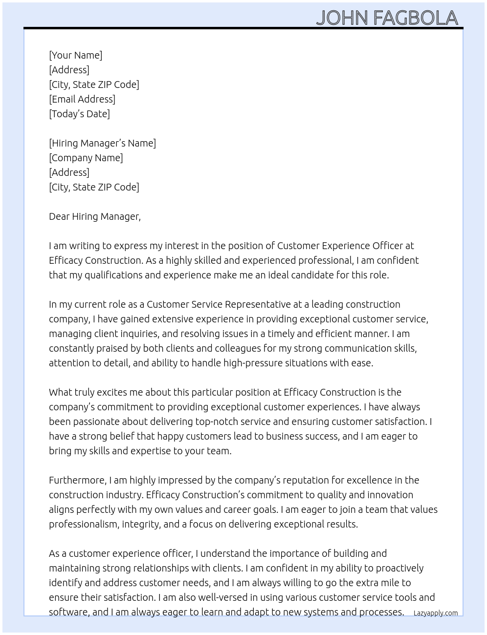 Customer experience officer At Efficacy construction Cover Letter