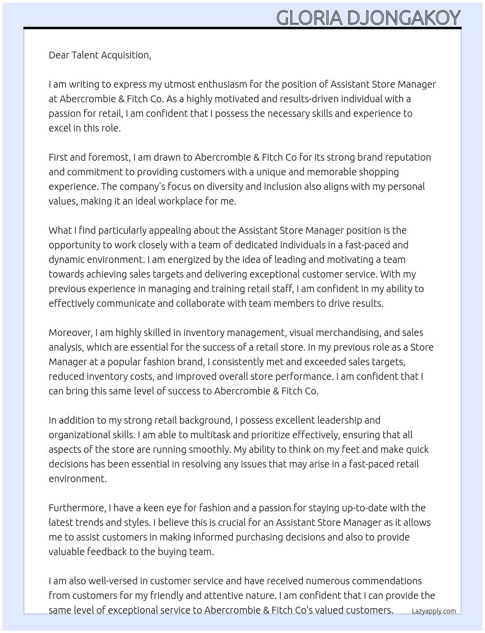 Assistant Store Manager At Abercrombie & Fitch Co Cover Letter