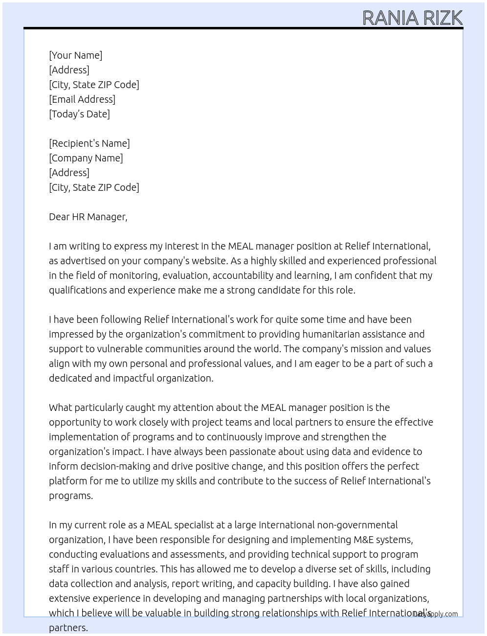 MEAL manager At Relief International Cover Letter