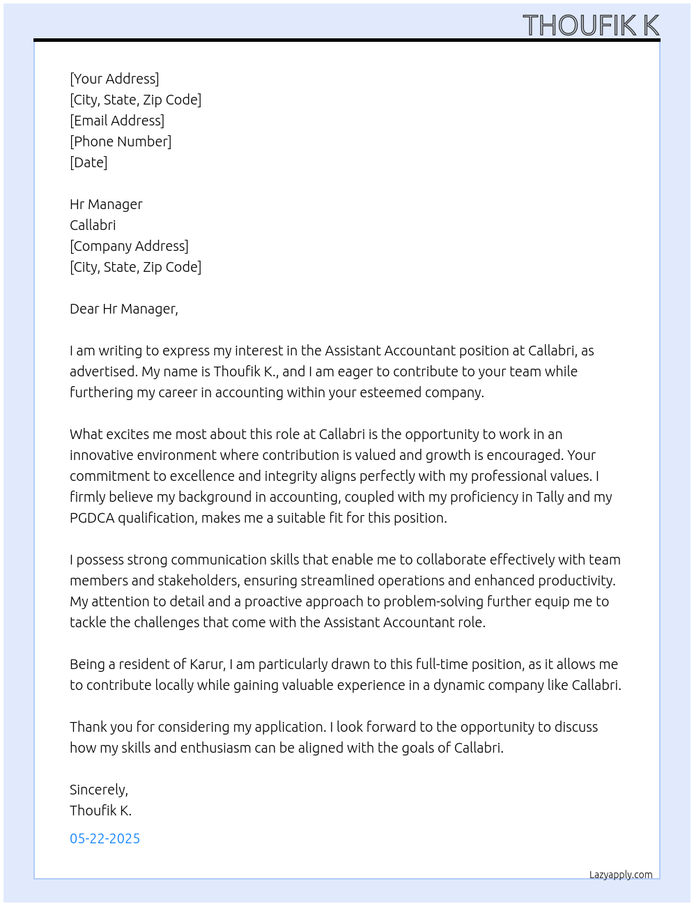 Assistant Accountant At Callabri Cover Letter