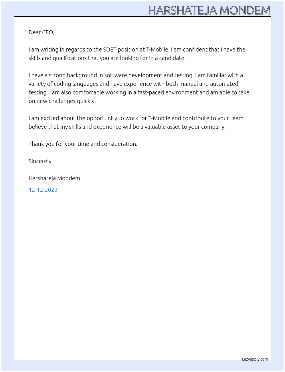 SDET At T-mobile Cover Letter