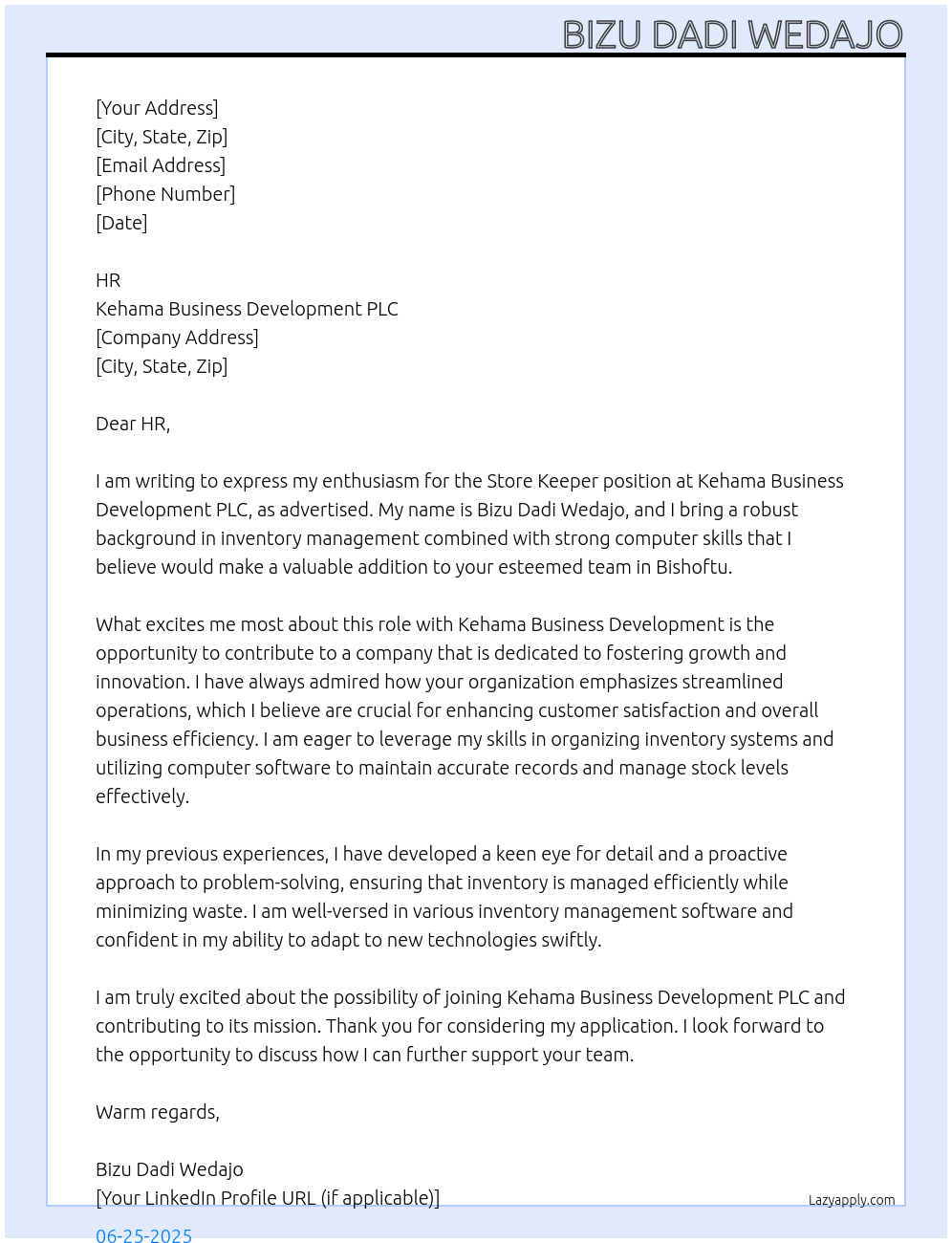 Store keeper At Kehama Business Development PLC Cover Letter