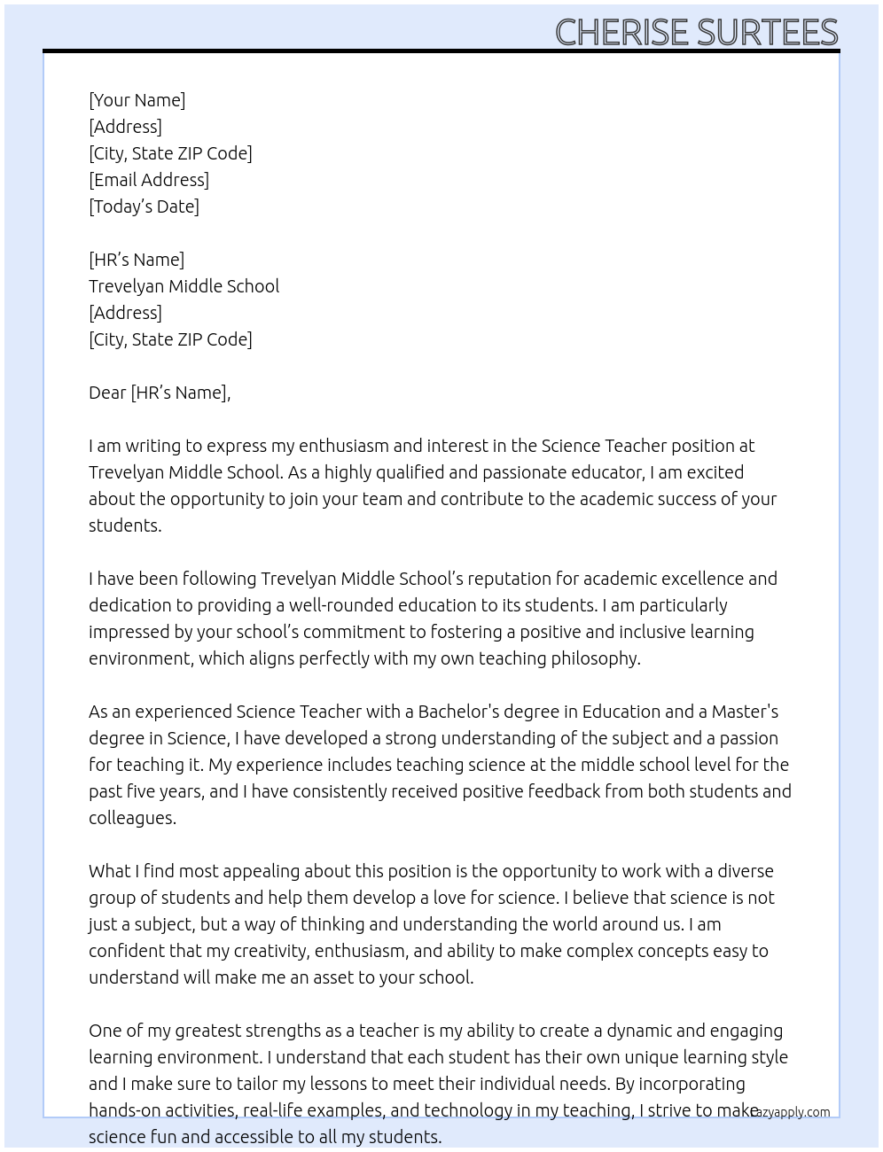 Science Teacher At Trevelyan Middle School Cover Letter
