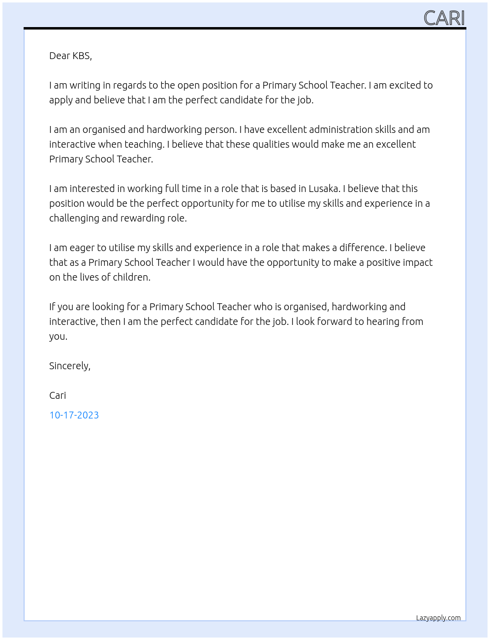 Primary School Teacher At KBS Cover Letter