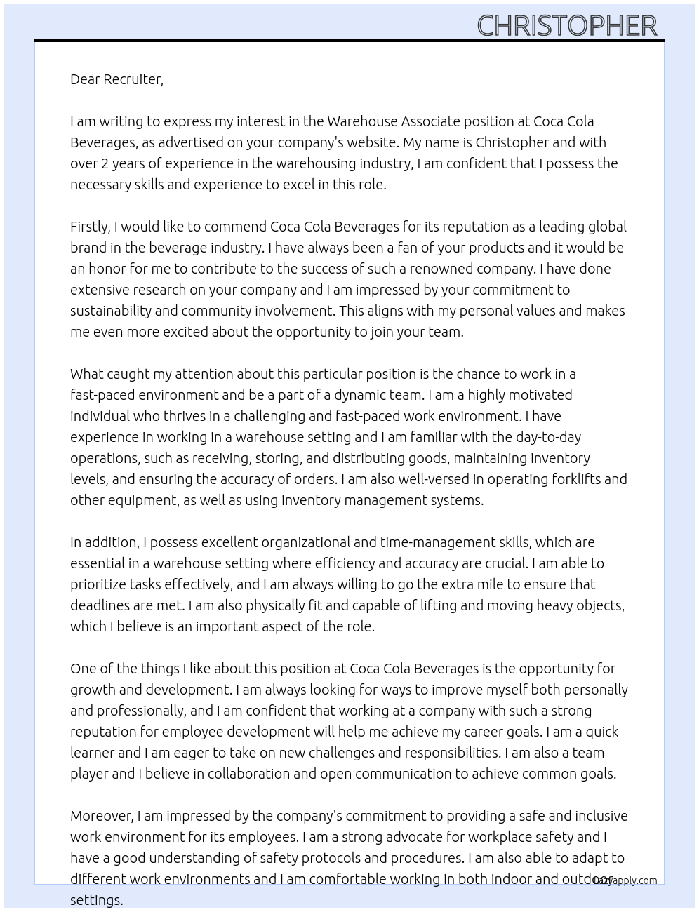 warehouse associate At coca cola beverages Cover Letter