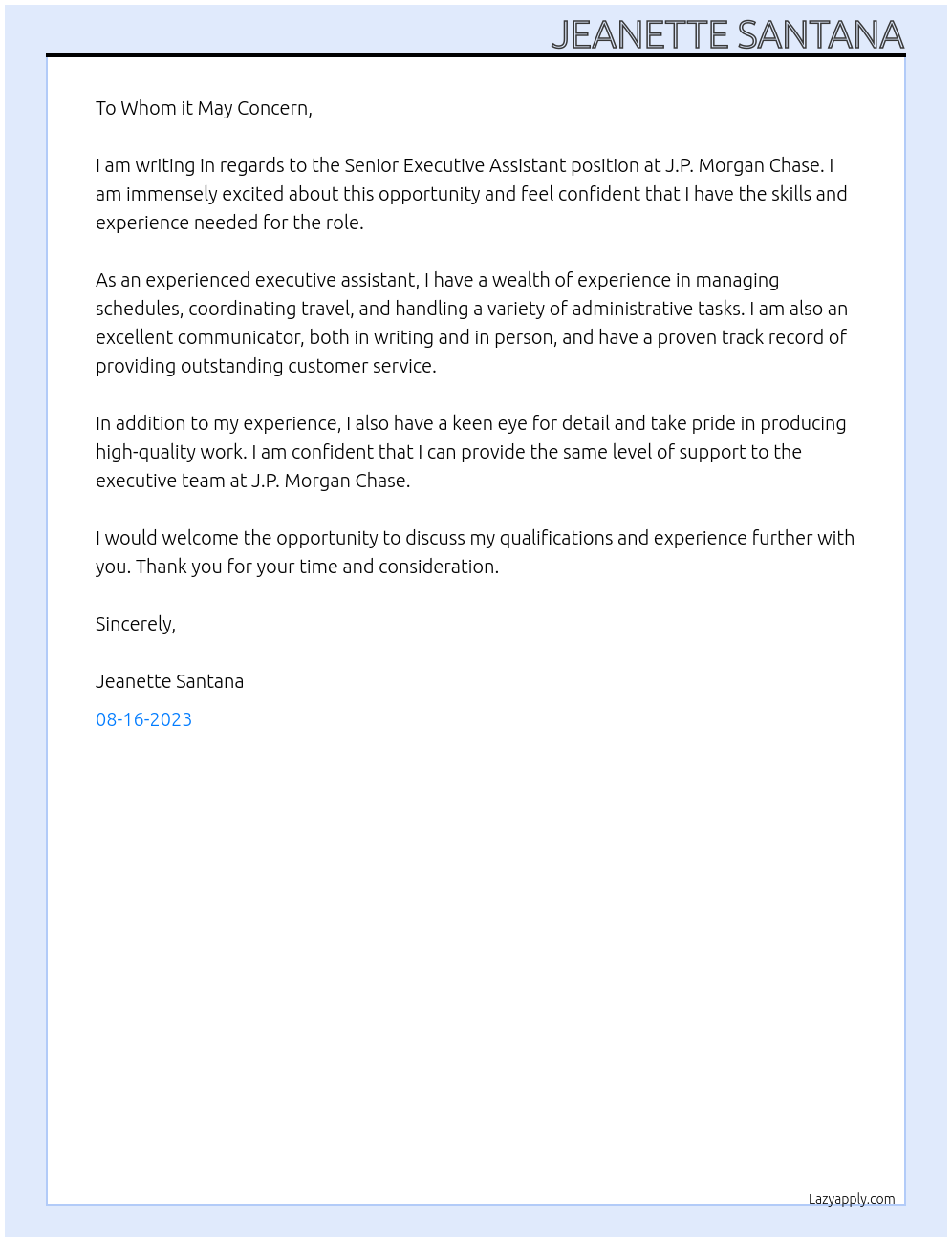Senior Executive Assistant At J.P. Morgan Chase Cover Letter
