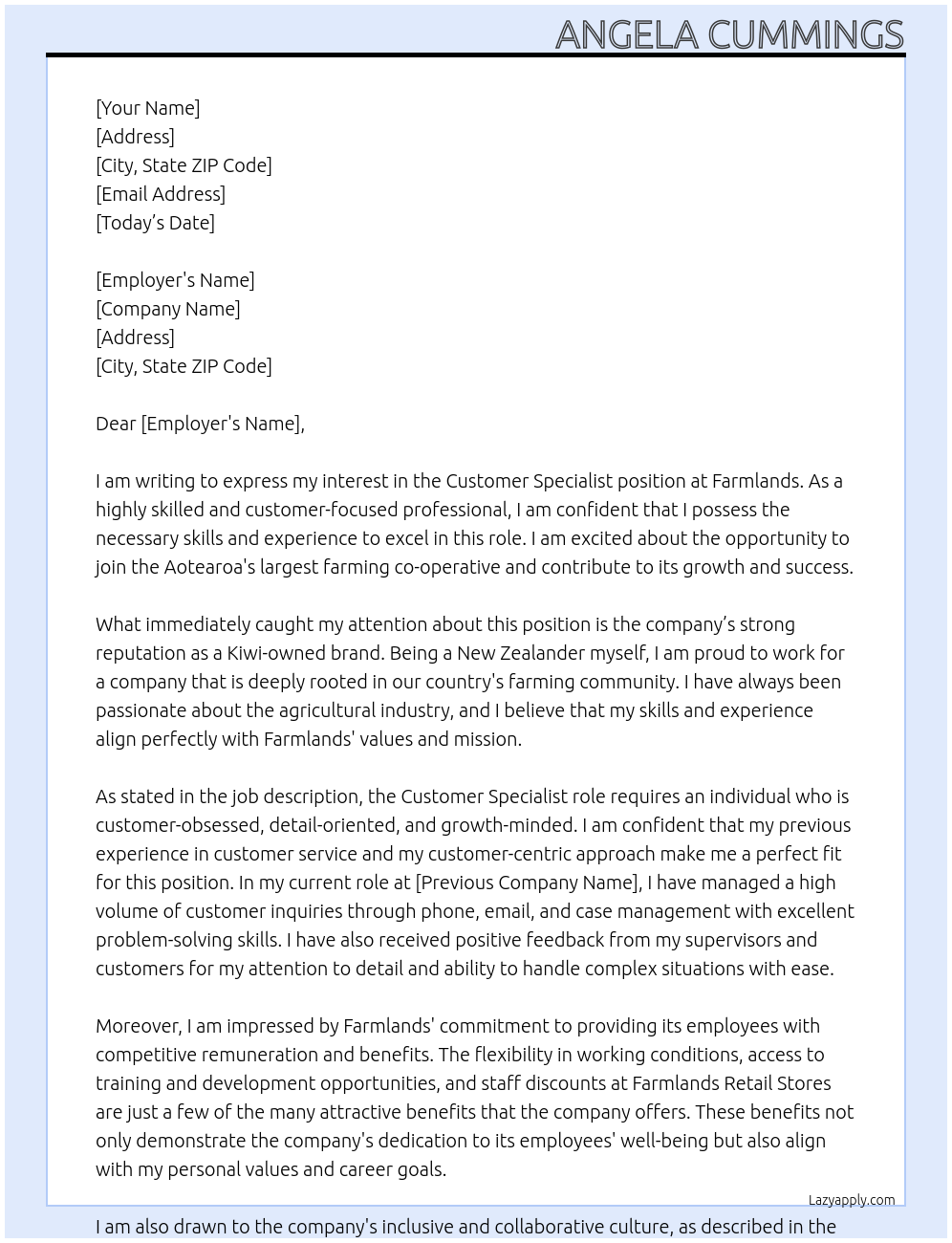 Customer Specialist At Farmlands Cover Letter