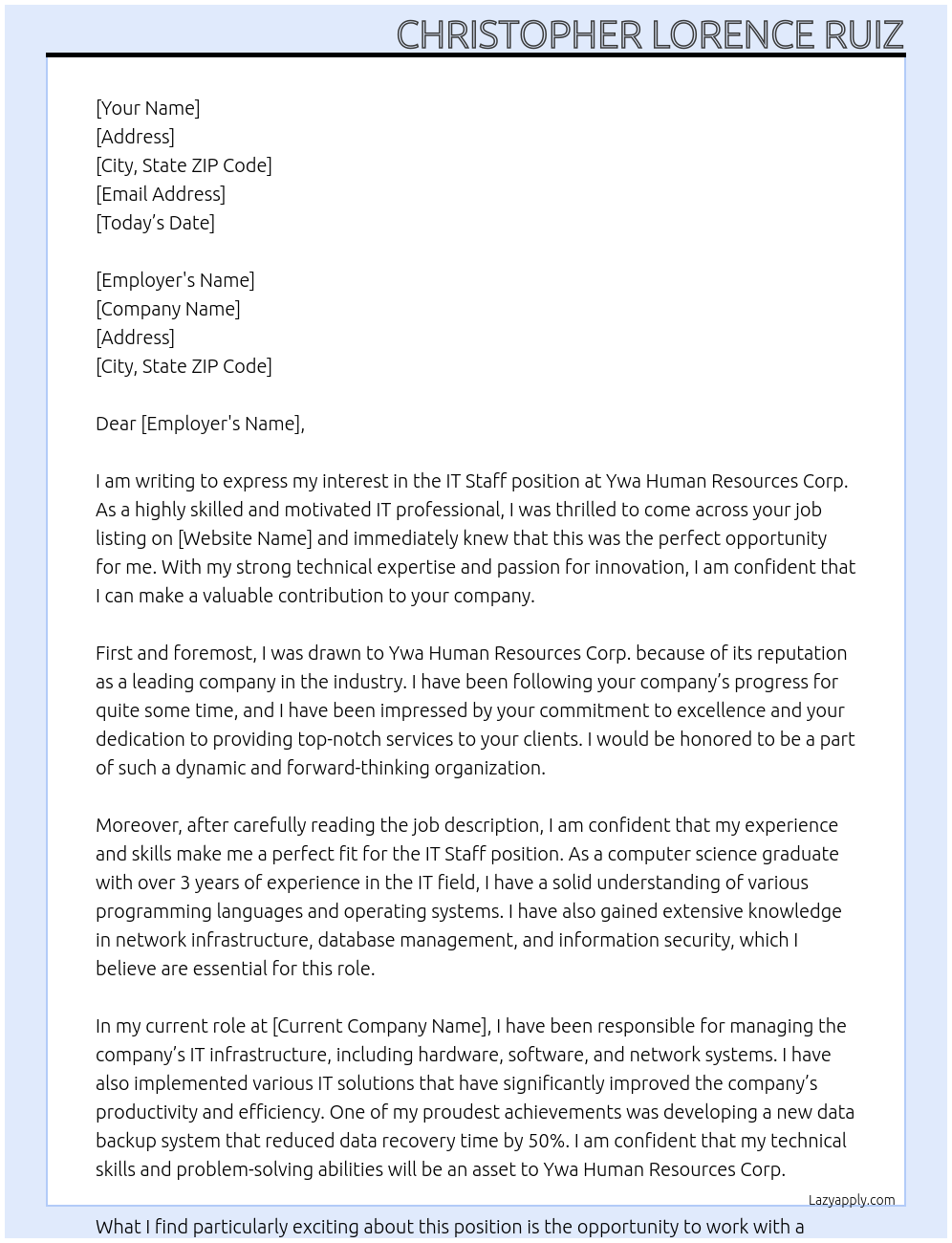 IT staff At Ywa human resources corp. Cover Letter