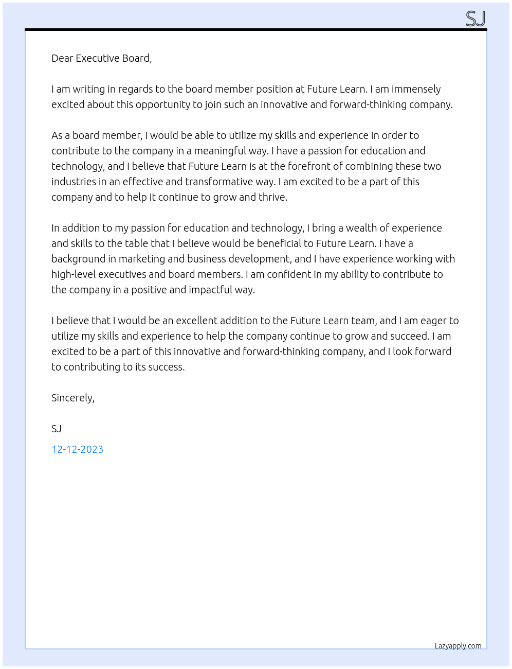 Board member At Future Learn Cover Letter