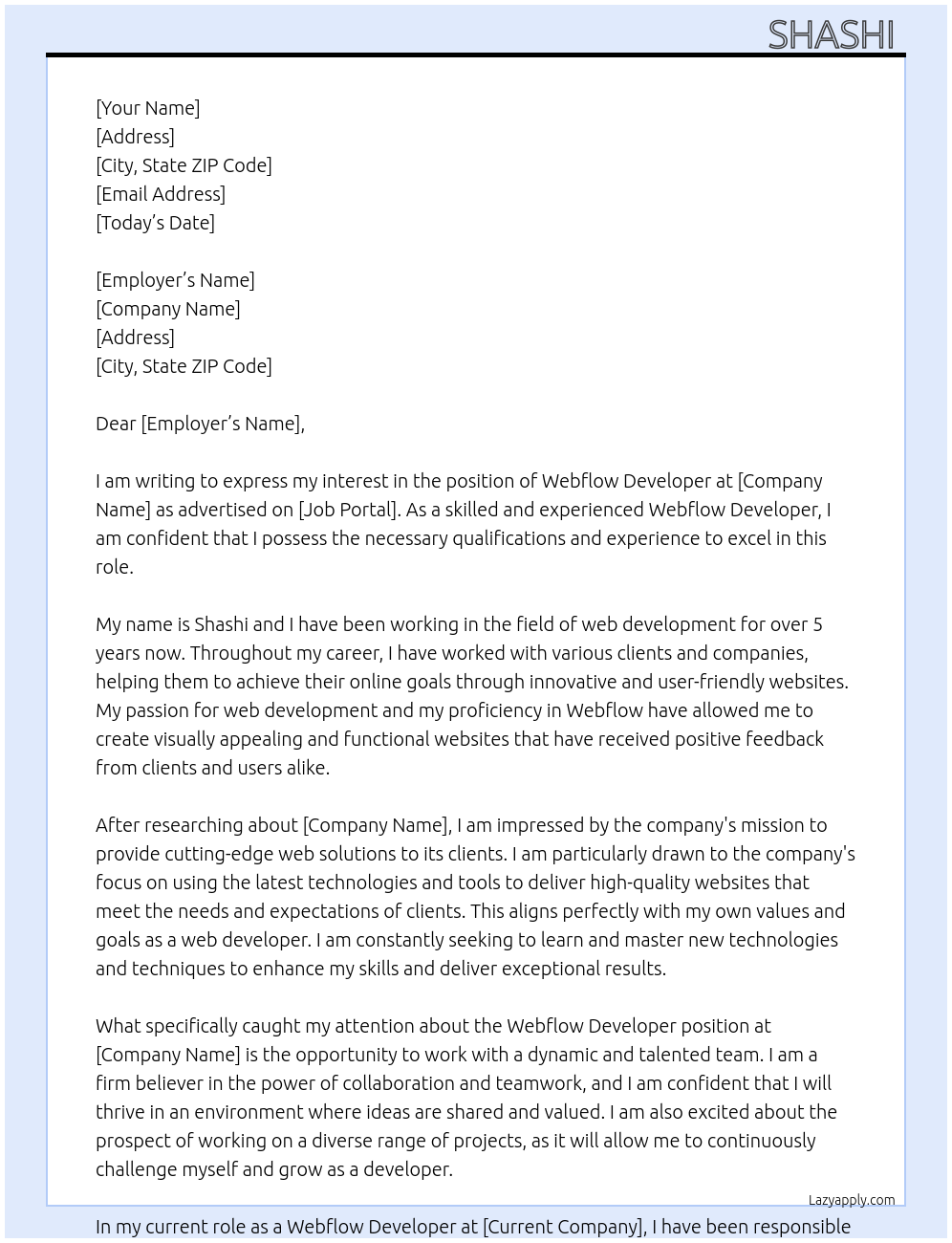 webflow  Developer  At Shashi  Cover Letter