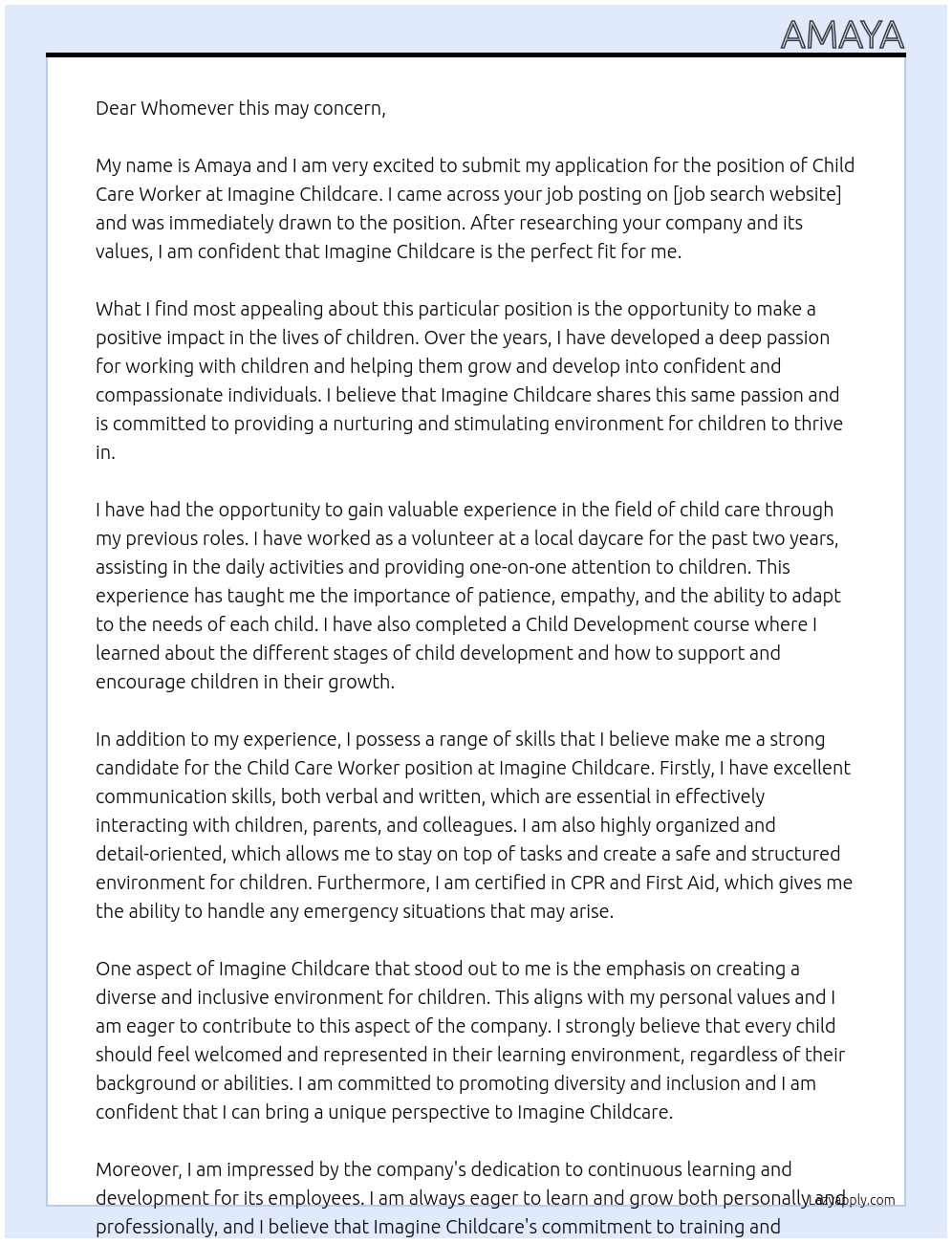 Child Care Worker At Imagine Childcare Cover Letter