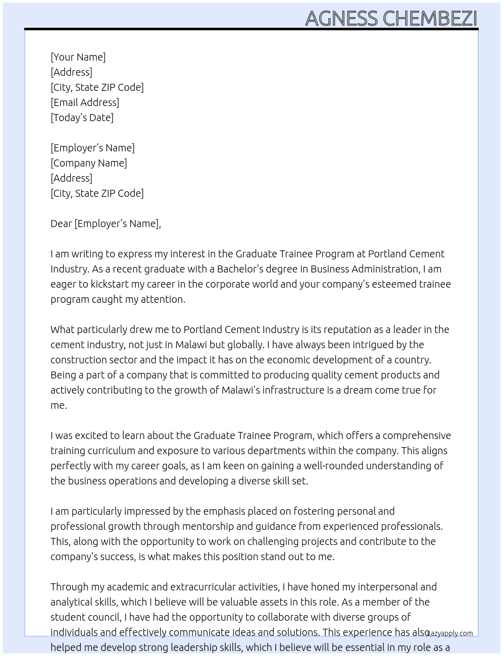 Graduate trainee program At Portland cement industry Cover Letter