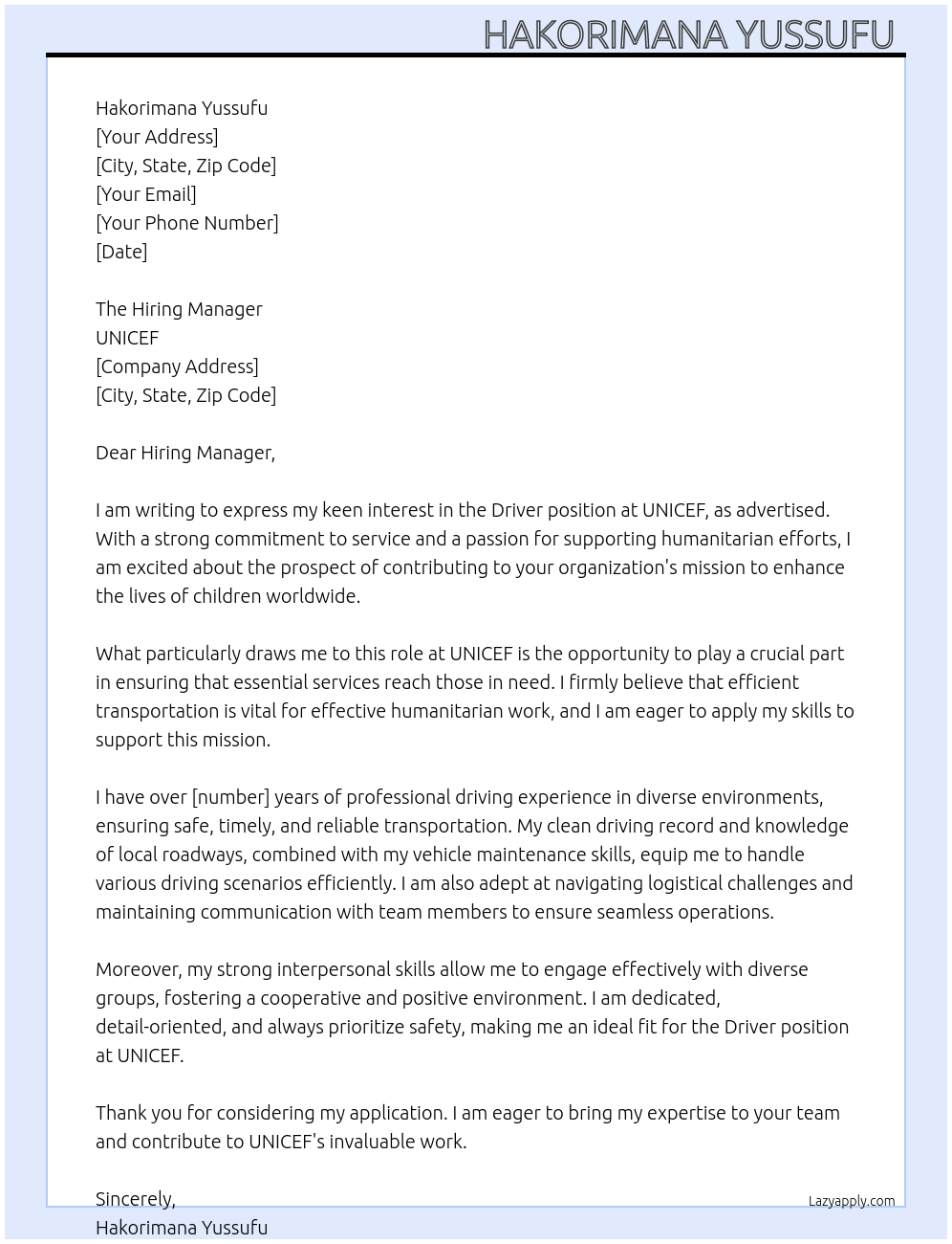 Driver  At Unicef  Cover Letter