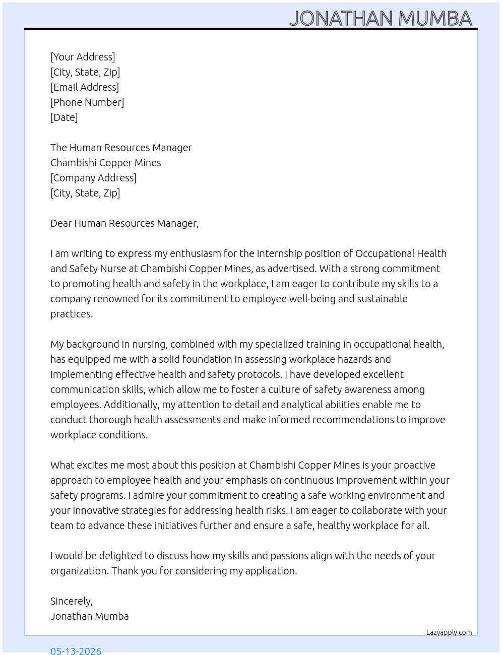 Internship occupational health and safety nurse  At Chambishi Copper Mines  Cover Letter