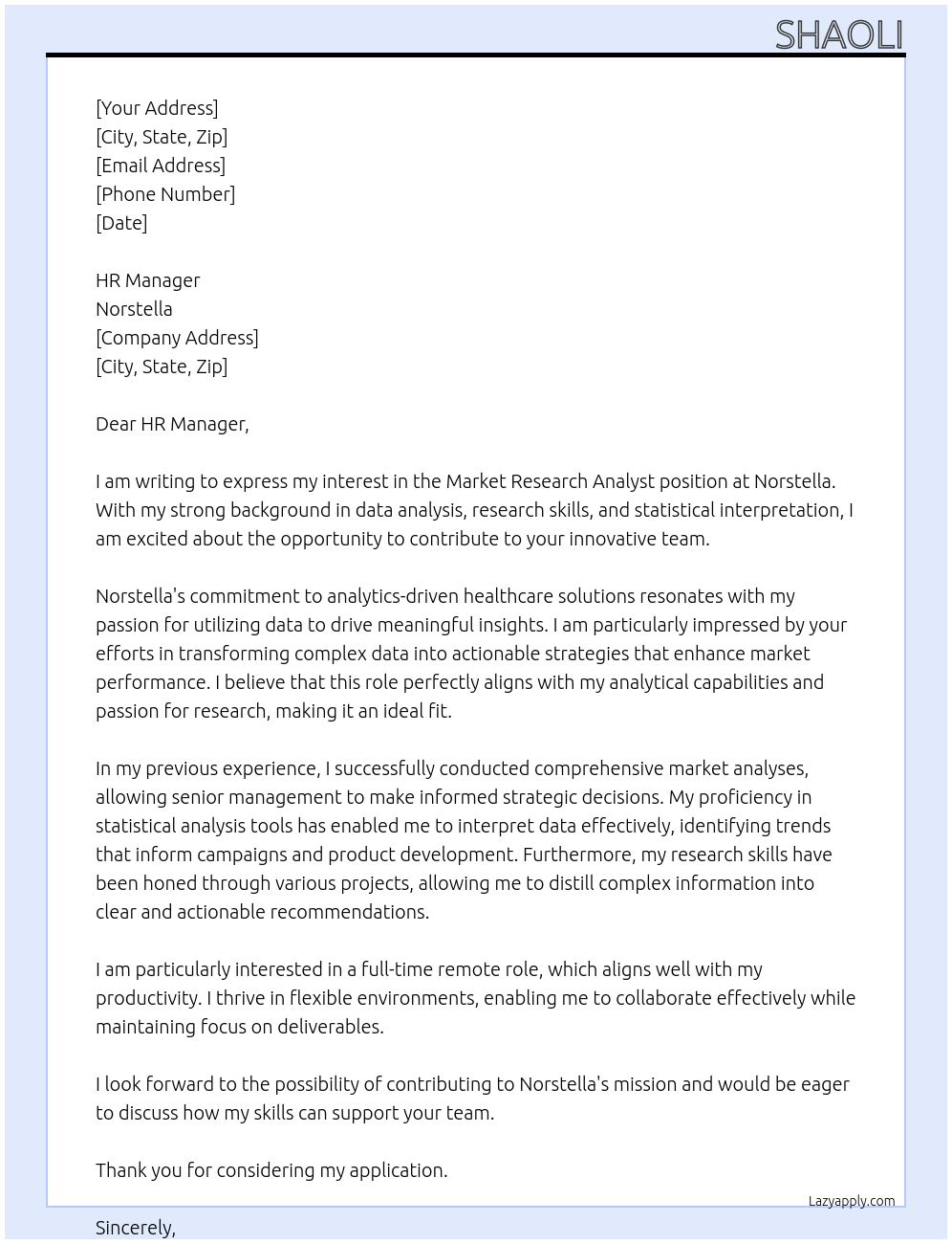 Market Research Analyst At Norstella Cover Letter