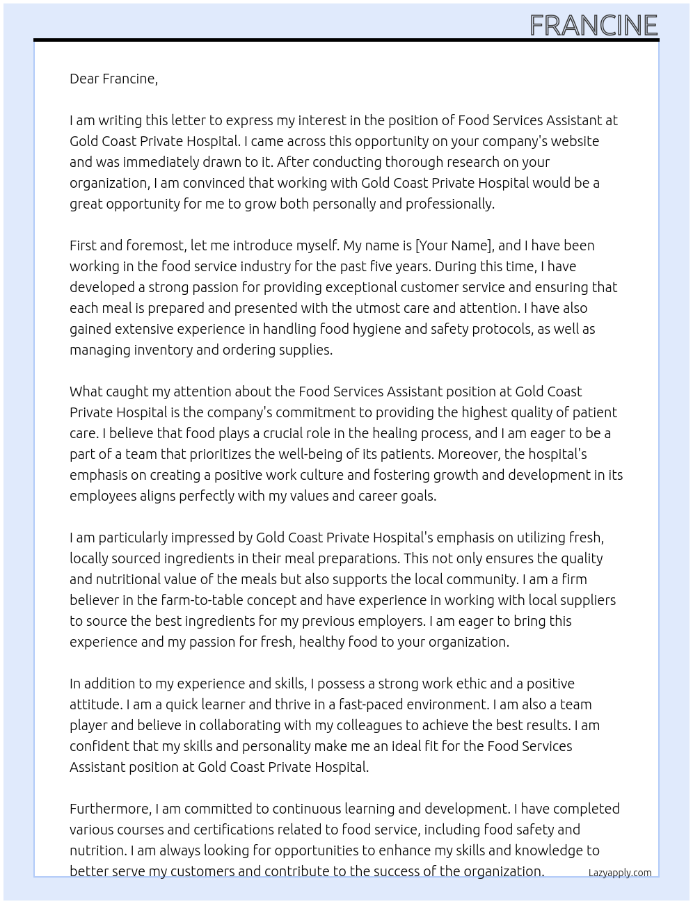 Food Services Assistant At Gold Coast Private Hospital Cover Letter