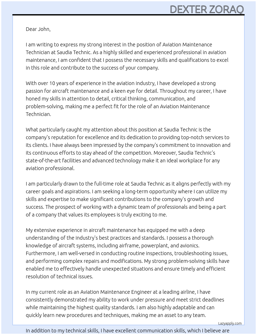 Aviation Maintenance Technician At Saudia Technic Cover Letter