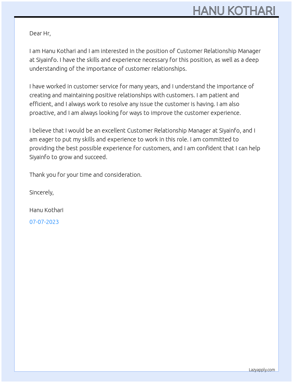 Customer Relationship Manager At Siyainfo Cover Letter