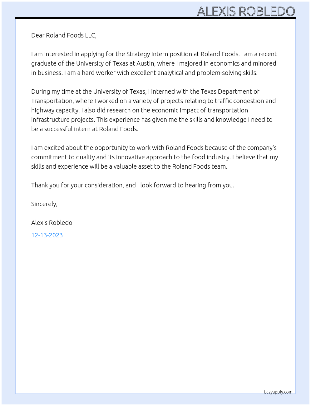 Strategy Intern At Roland Foods LLC Cover Letter