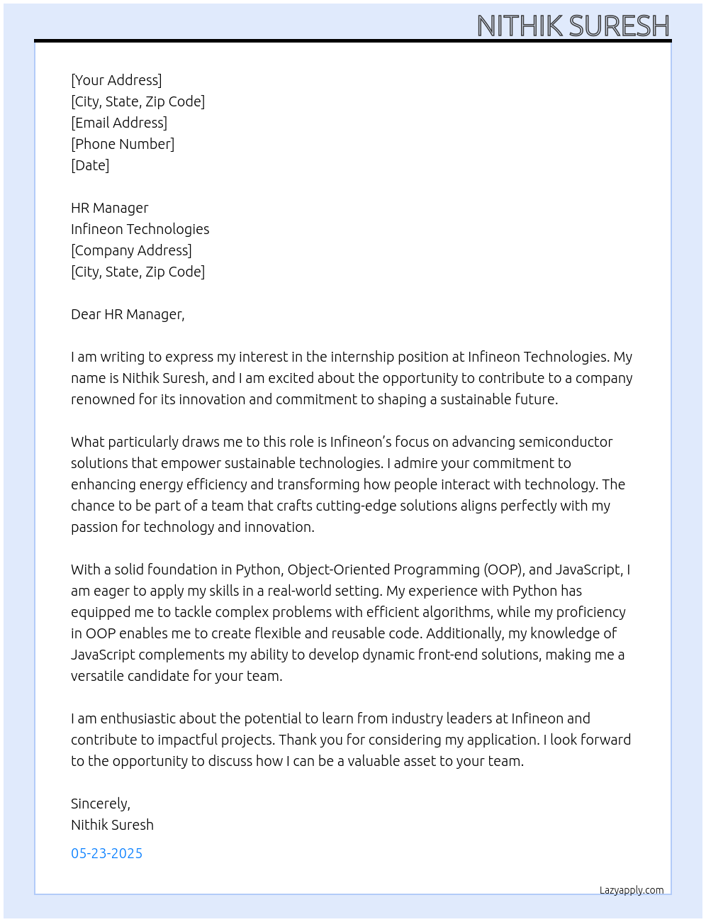 Internship At Infineon Technologies Cover Letter