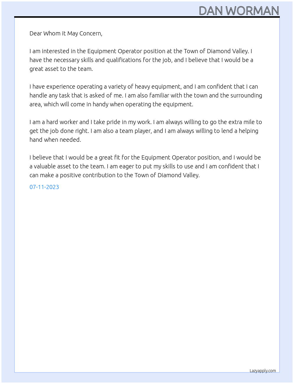 Equipment Operator At Town of Diamond Valley Cover Letter
