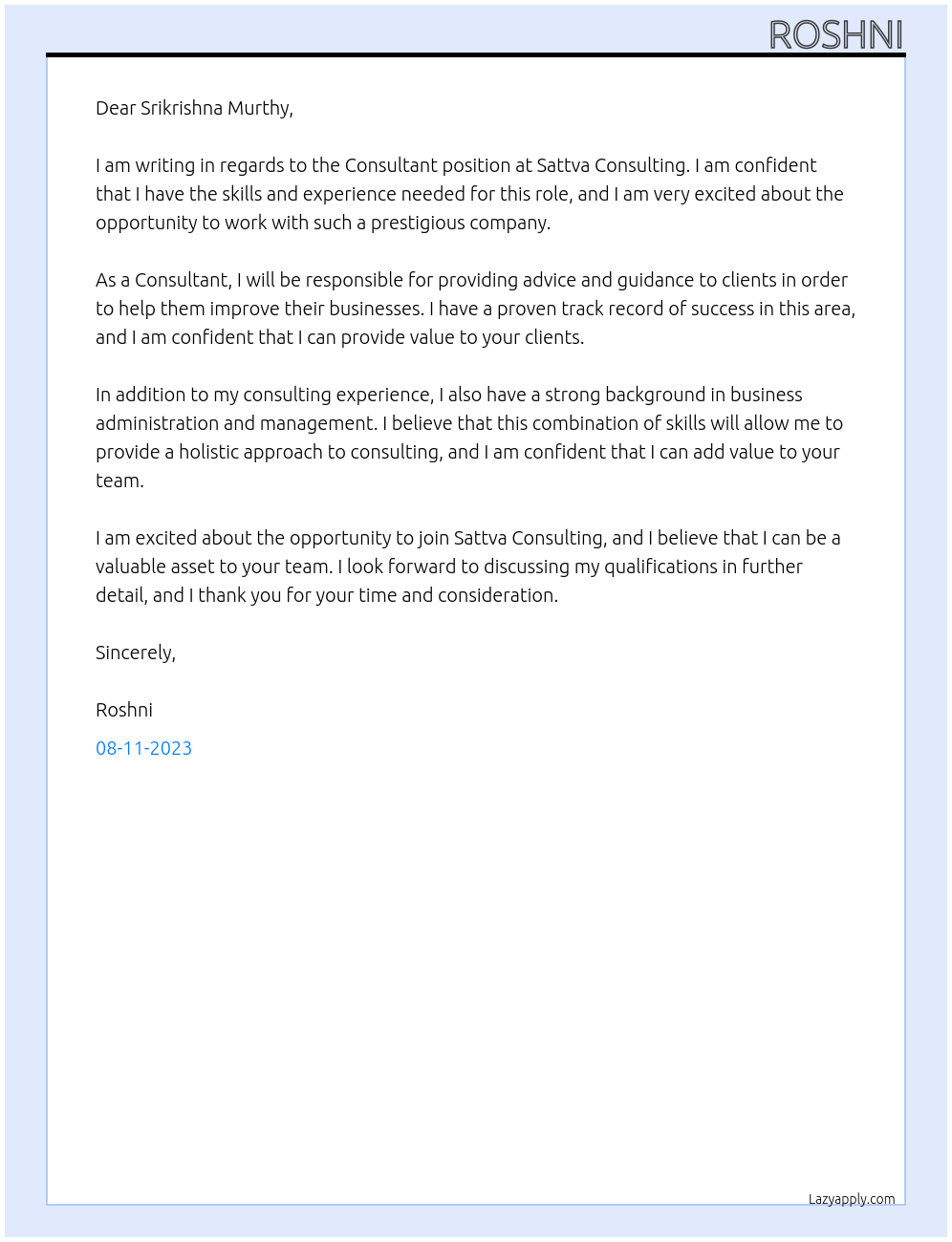 Consultant At Sattva Consulting Cover Letter