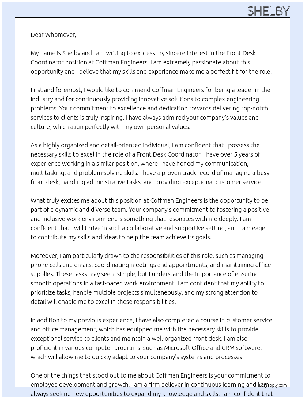 front desk coordinator At coffman engineers Cover Letter