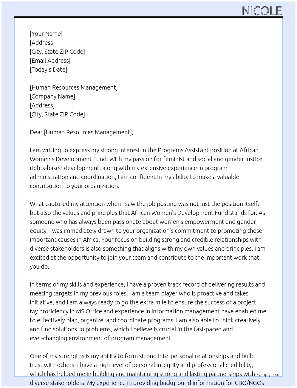 Programs assistant  At African womens development fund  Cover Letter