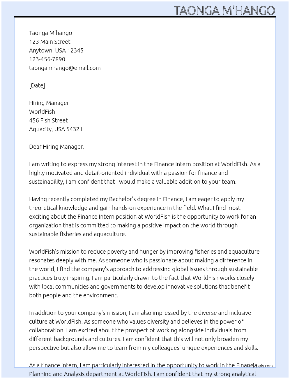 Finance Intern At WorldFish Cover Letter