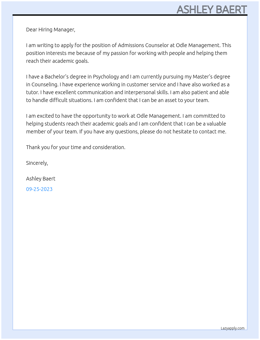 Admissions Counselor At Odle Management Cover Letter