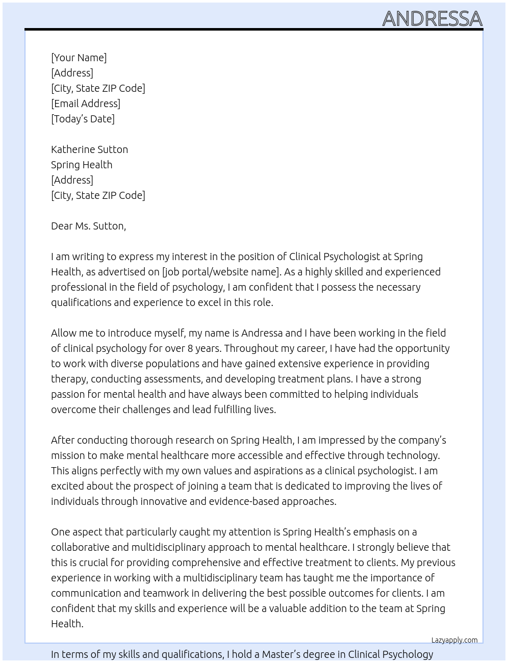 Clinical Psychologist At Spring Health Cover Letter