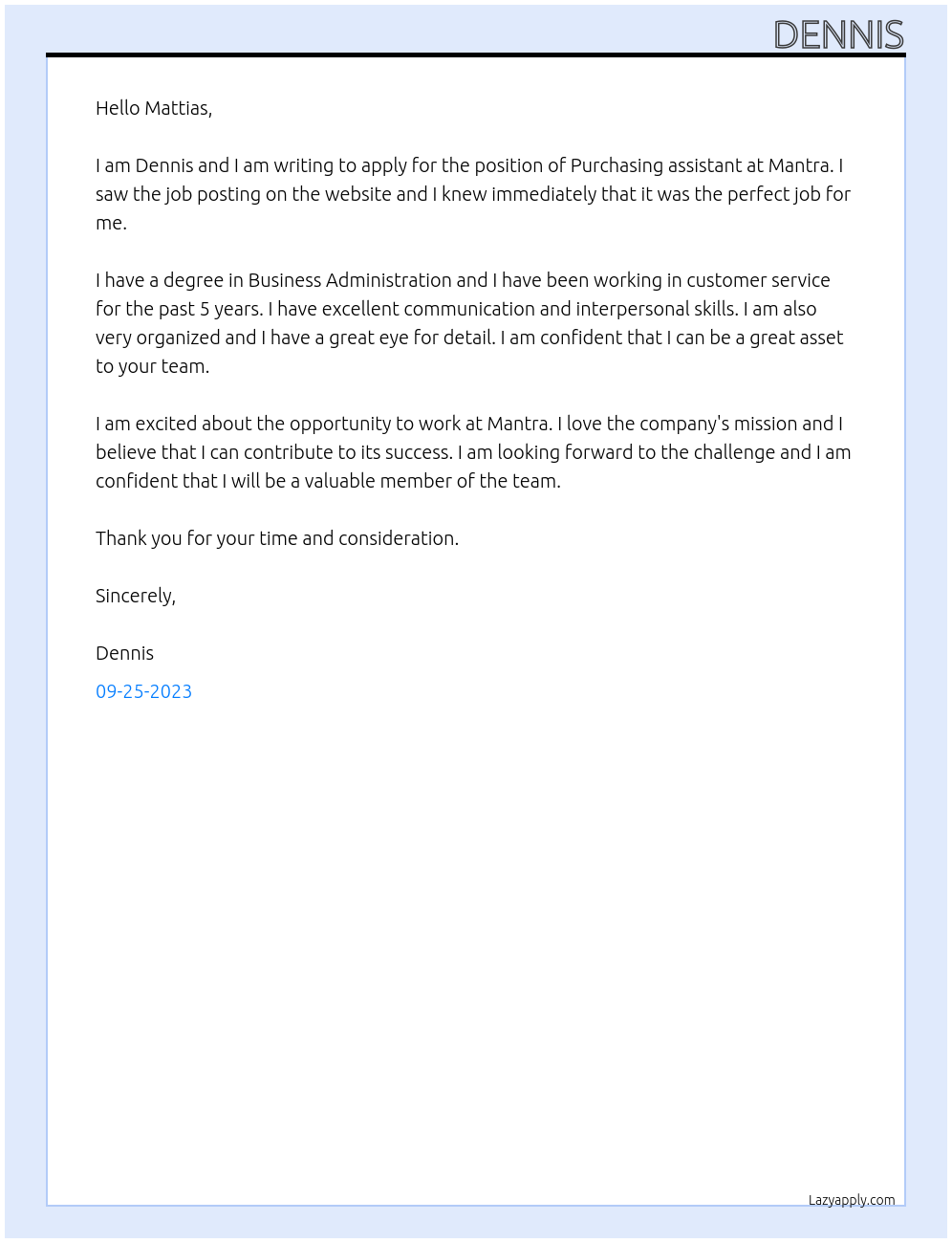 Purchasing assistant At Mantra Cover Letter