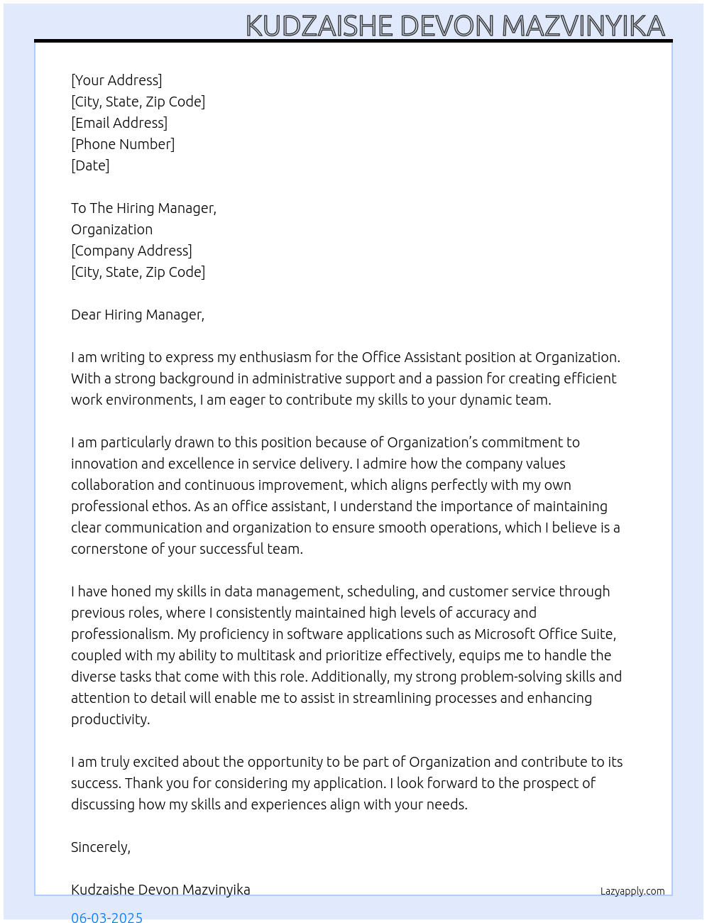 Office Assistant  At Organization  Cover Letter