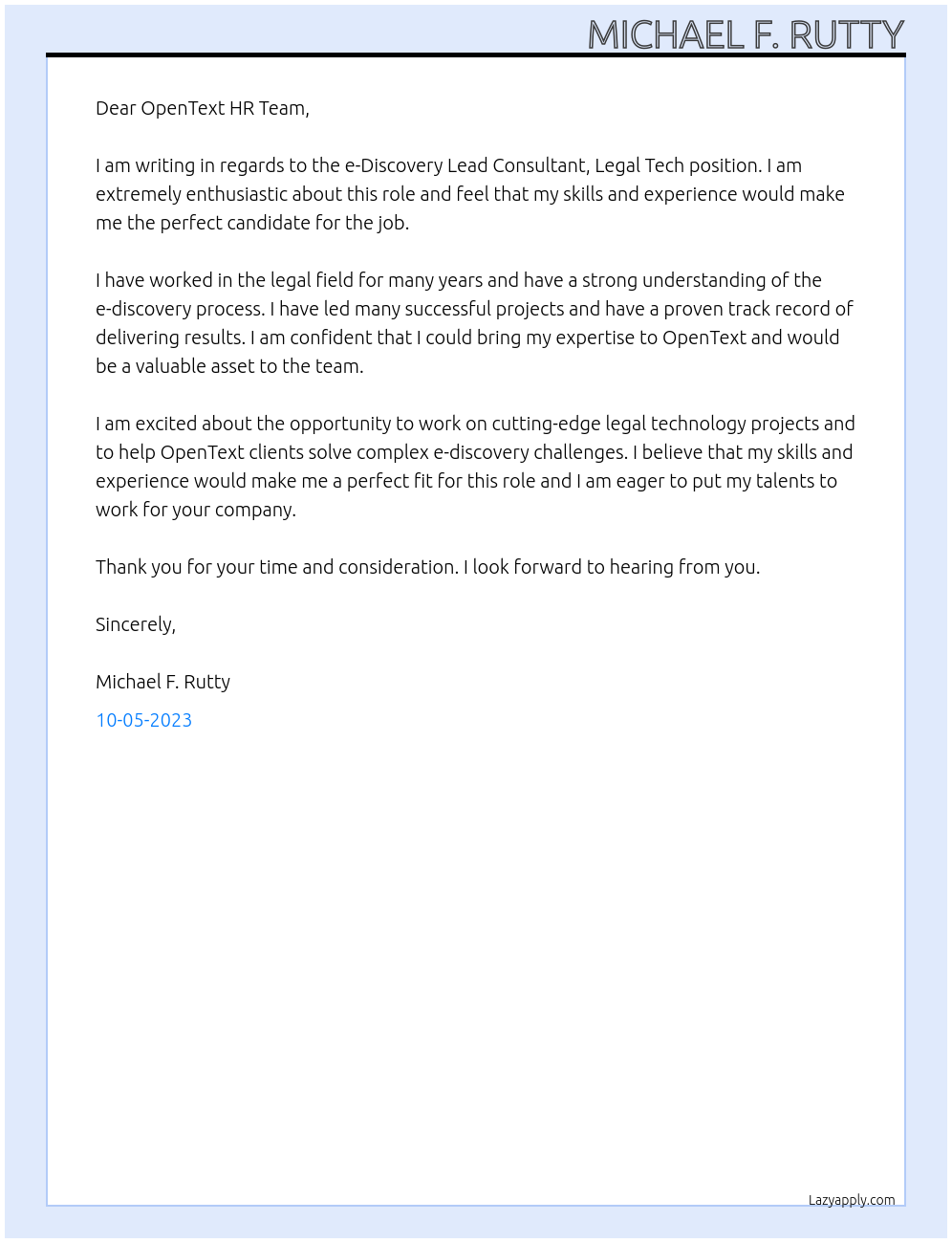 e-Discovery Lead Consultant, Legal Tech At OpenText Cover Letter