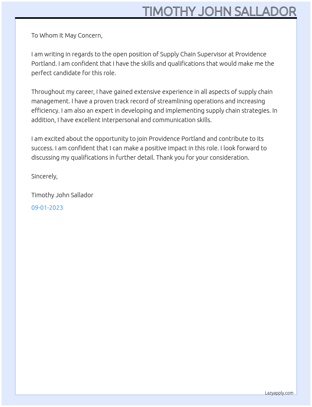 Supply Chain Supervisor At Providence Portland Cover Letter
