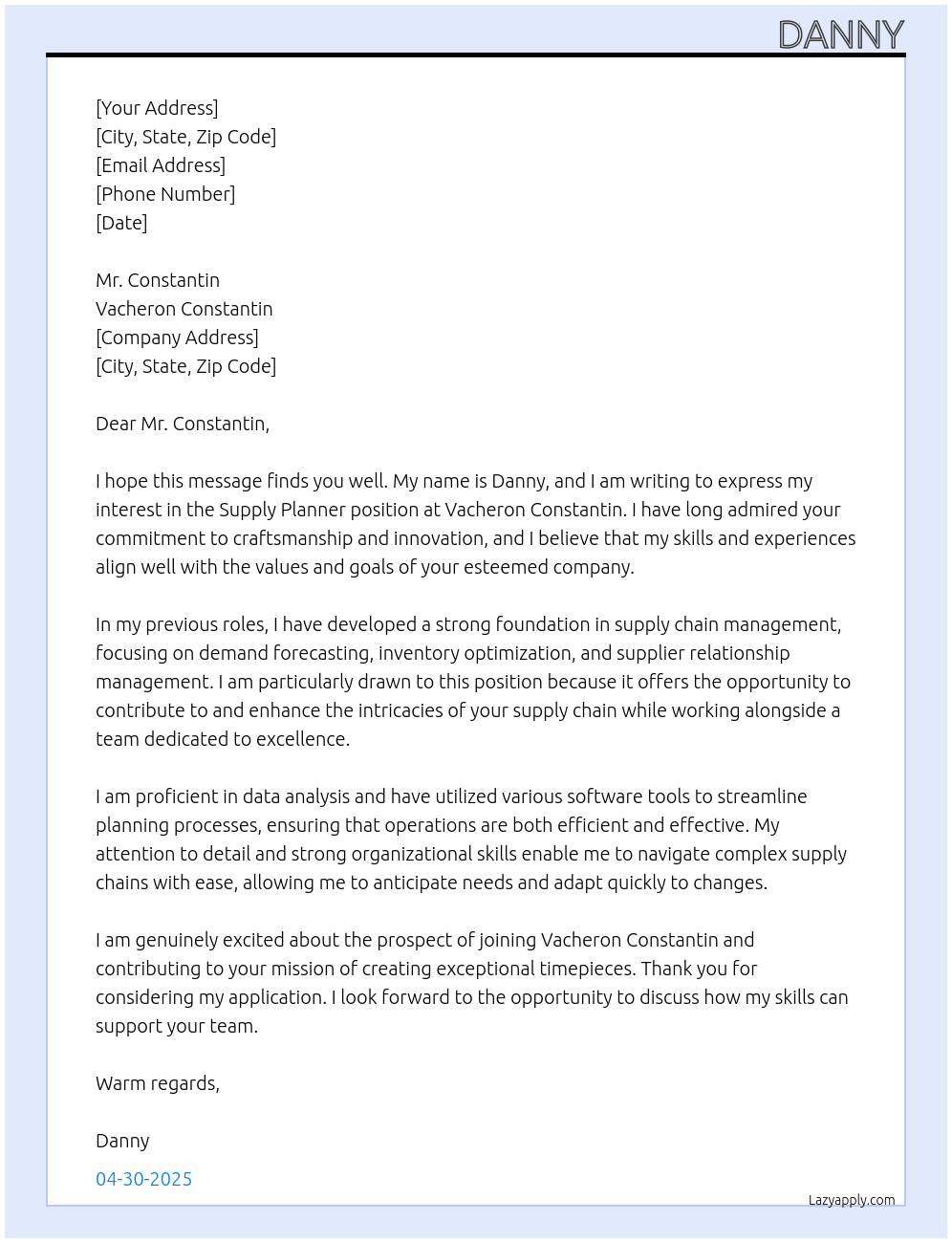 Supply Planner At Vacheron Constantin Cover Letter