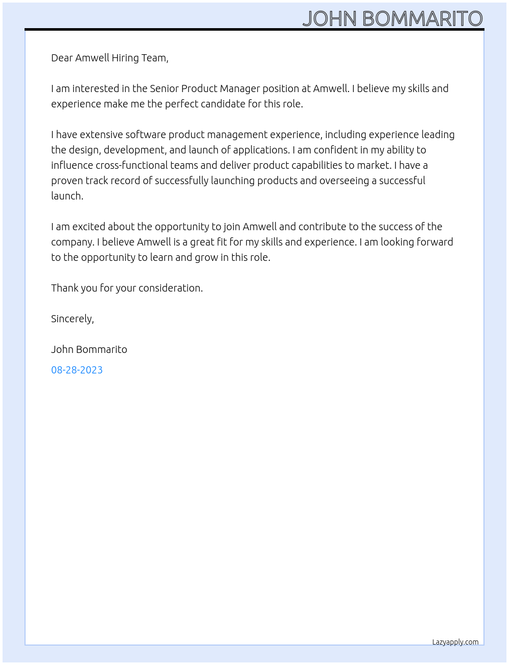 Senior Product Manager At Amwell Cover Letter